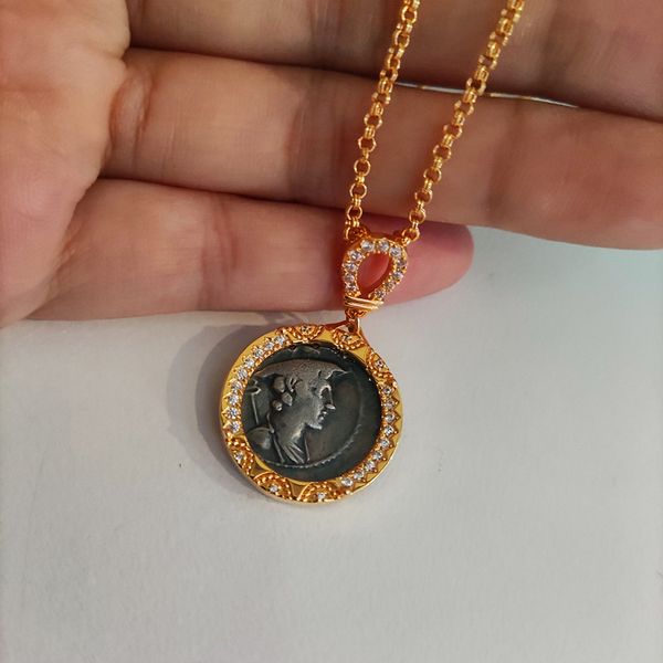 

retro roman coin-shaped necklace pendant two-color electroplating three-dimensional relief double-sided european and american fashion trends, Silver