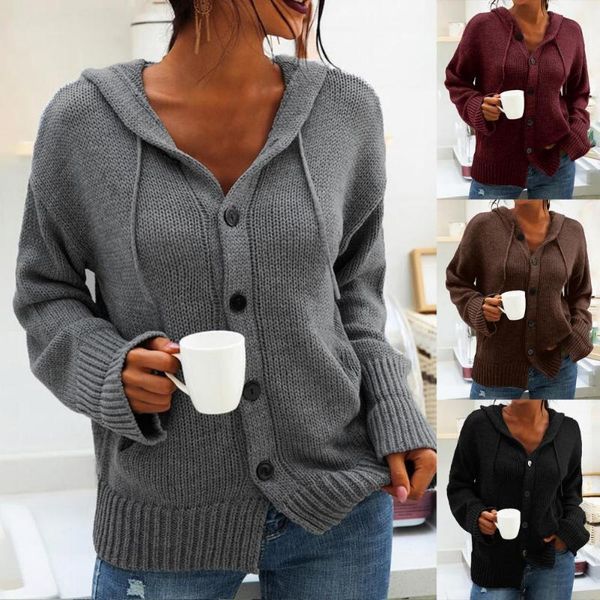 

women's knits & tees women cardigan sweater solid color long sleeve autumn winter drawstring single breasted hooded coat for daily wear, White