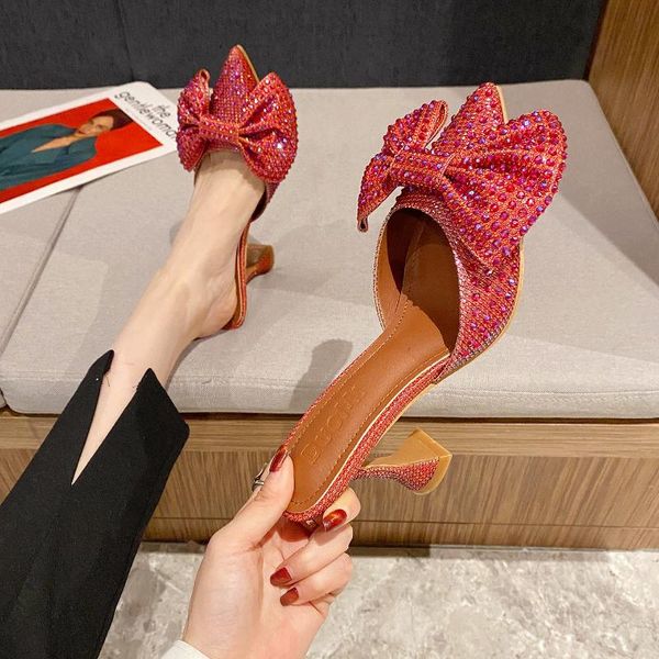 

sandals shoes for women 2021 luxury rhinestone high heels pointed bow 9cm fashion, Black