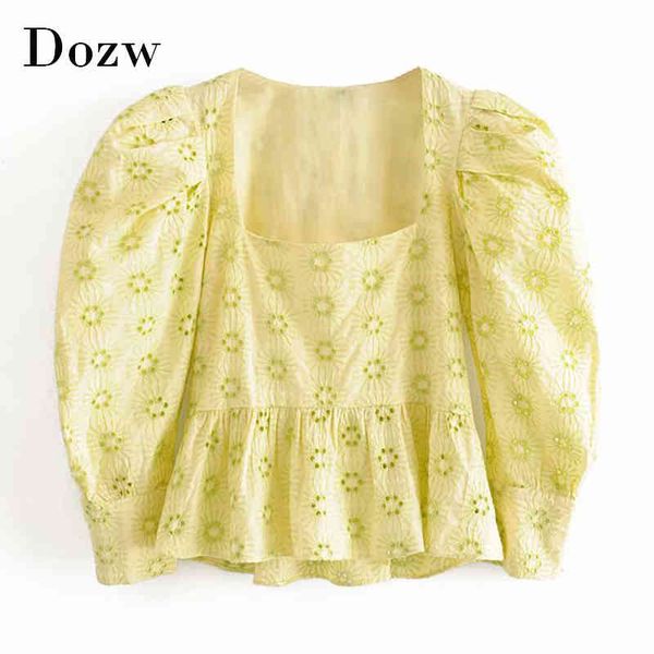 

fashion embroidered cotton blouse women hollow out sweet ruffle shirt tunic puff long sleeve vintage square collar chic 210414, White