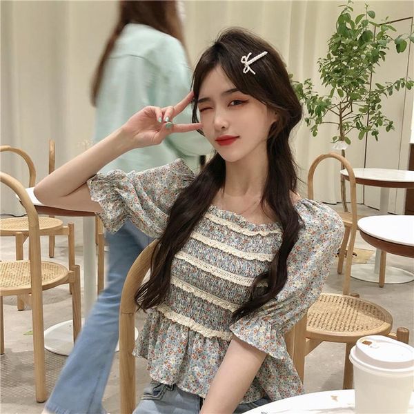 

women's blouses & shirts summer french retro sweet square collar corset floral ear chiffon shirt blouse female, White