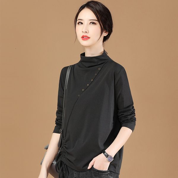

tees t-shirt half high collar irregular long sleeve bottoming shirt autumn winter 2021 pleated women's t-shirt dign sense kn9011, White