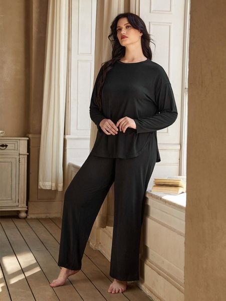 

plus drop shoulder tee & pants pj set s8te#, Black;white