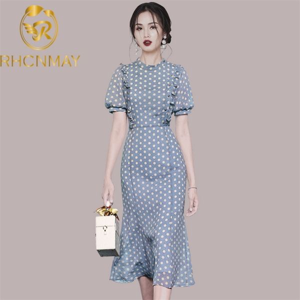 

summer vintage polka dot jacquard chiffon dress stand collar slim short sleeve women elegant long bodycon trumpet 210506, Black;gray