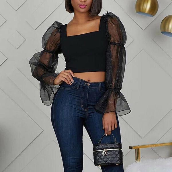 

women mesh sheer puff long sleeve square neck pullover blouse shirts cro solid clothes ladies summer streetwear fashion women's blo, White