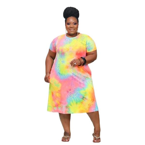 

womens summer dresses round neck short sleeve casual tie dye dress streetwear loose plus size wholesale drop, Black;gray