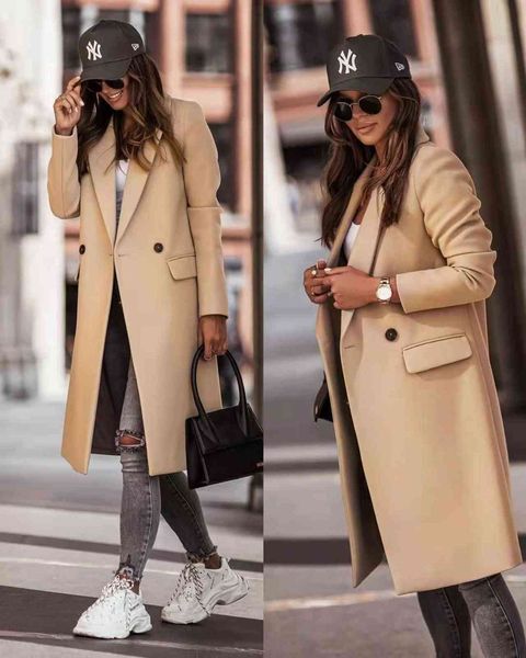 

2021 summer, autumn and winter solid color leisure long coat women's sky blue lined pocket, Black