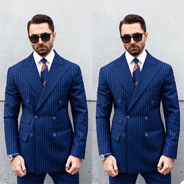 2 pezzi gessato uomo abiti blu smoking da sposa su misura doppio petto bello risvolto con visiera giacca affari cappotto + pantalone