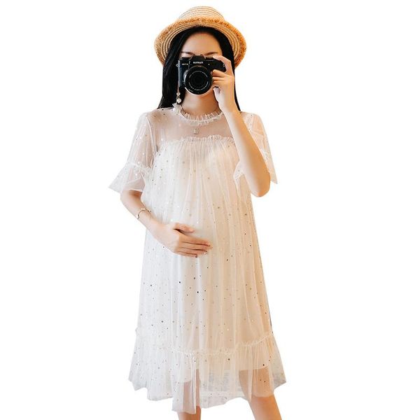 

maternity dresses elegant dress summer mesh pregnant womendress fashion pregnancy party sweet wedding, White