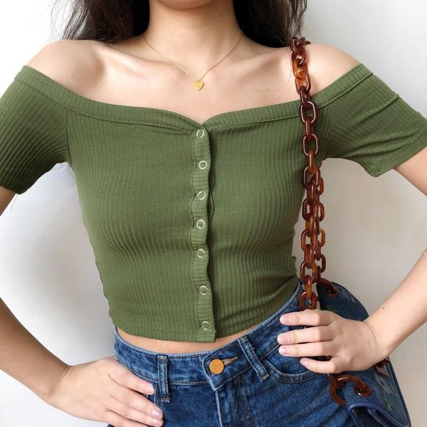 

european slim one-line neckline button-up short-sleeved t-shirt female threaded elastic high waist exposed umbilical women's, White