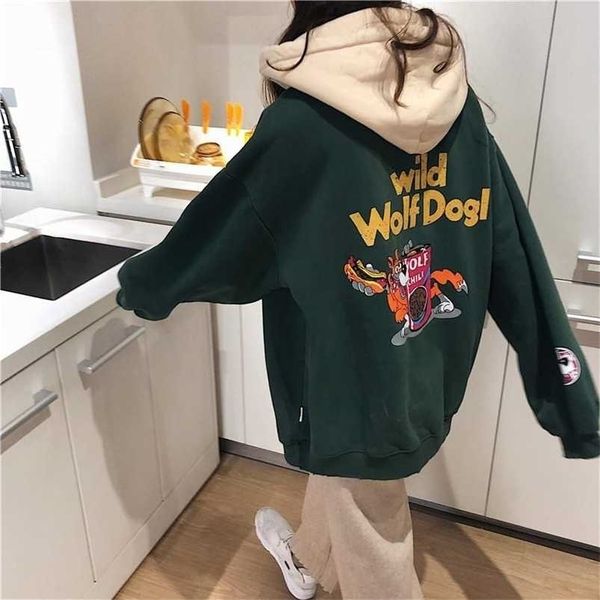 

hoodie and fleece women's loose korean cartoon printed sweatshirt casual coat fashion trend cool ins 211027, Black