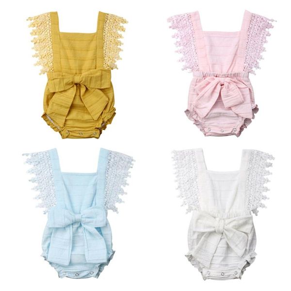 

rompers 0-18months nebworn infant baby girls lace sleeveless bodysuits bow knot solid color jumpsuit summer, Blue