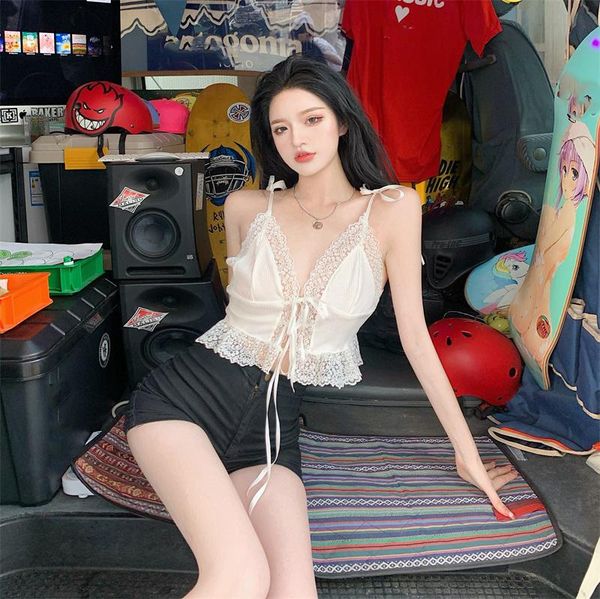 

women's tanks & camis suspender vest women's summer fashion bandage french lace short tight outer and inner top, White