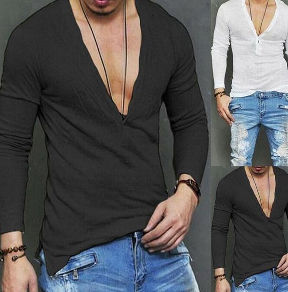 Camicie slim fit manica casual da uomo di moda calda di nuovo stile T-shirt lunga con scollo a V profondo