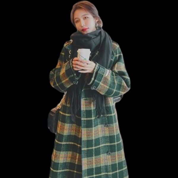 

wenqing womens long turn down neck vintage thick green plaid overcoats jackets checked shirt shackets outerwear street women's, Black;brown