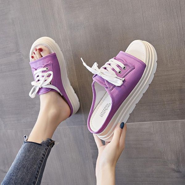 

slippers women platform 2021 summer fashion canvas casual beach light heel high 4cm comfortable soft ladies shoes, Black