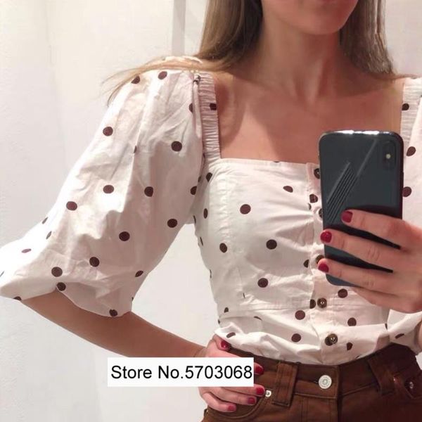

women's blouses & shirts elfstyle contrast dots printed square neck with gathering wasit puff sleeve, White