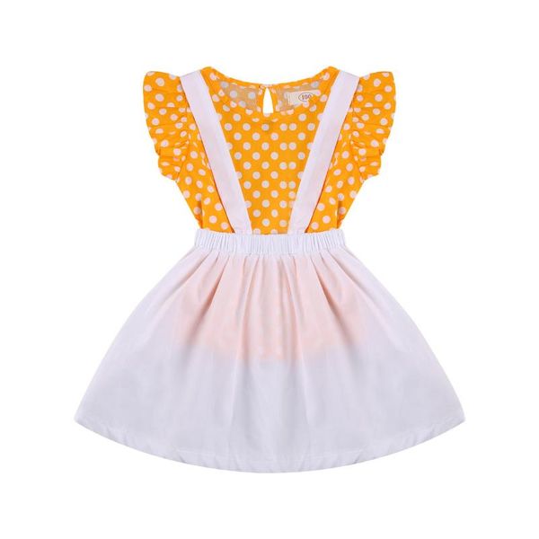 

clothing sets 2021 cute 2-7y summer toddler baby girl dot print yellow ruffle short sleeve t-shirt straps a-line skirt 2pcs set, White