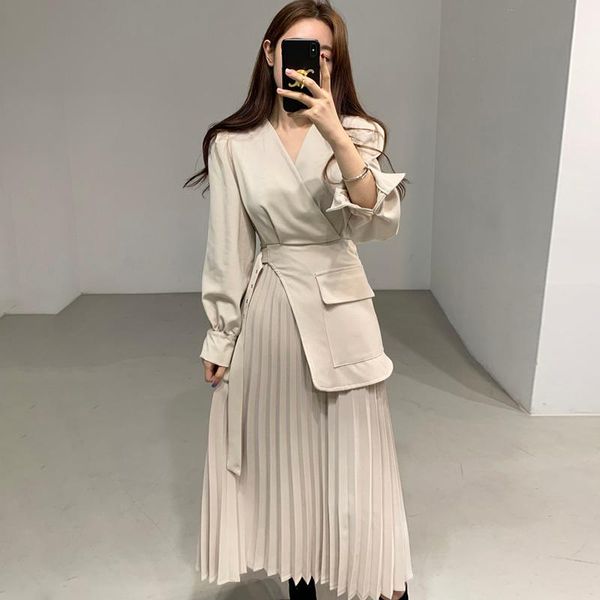 

casual dresses [ewq] korea chic fashion trend women v-neck cross tie pleated loose apricot long-sleeved suit dress summer 2021 16e987, Black;gray