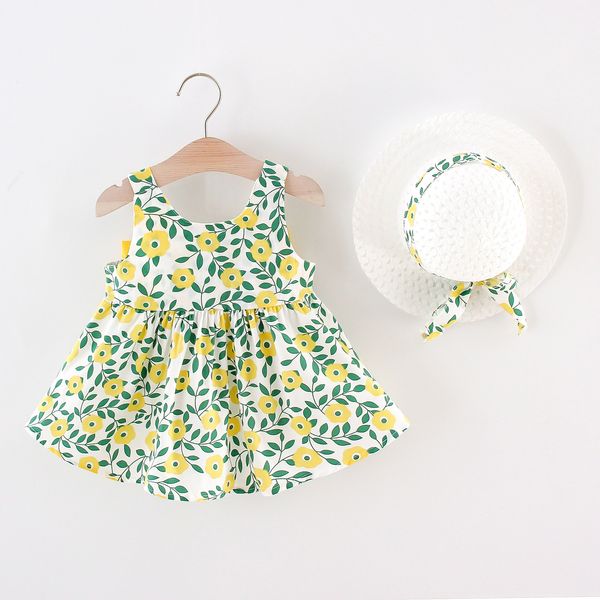 

2021 selling childrens clothing new product summer girl cute solid color bow full body small flower sling dress with hat, Red;yellow