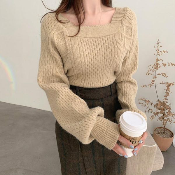 

women's sweaters 2021 fahsion square collar knitted pullovers sweater women lantern sleeve loose fall korean chic winter clothes, White;black