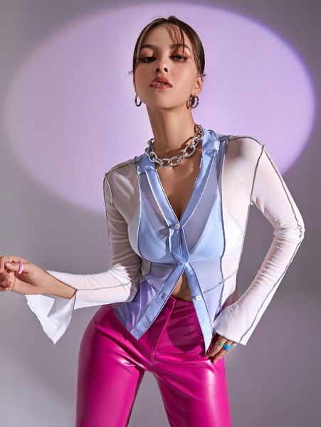 

contrast stitch split cuff mesh q5f2#, White