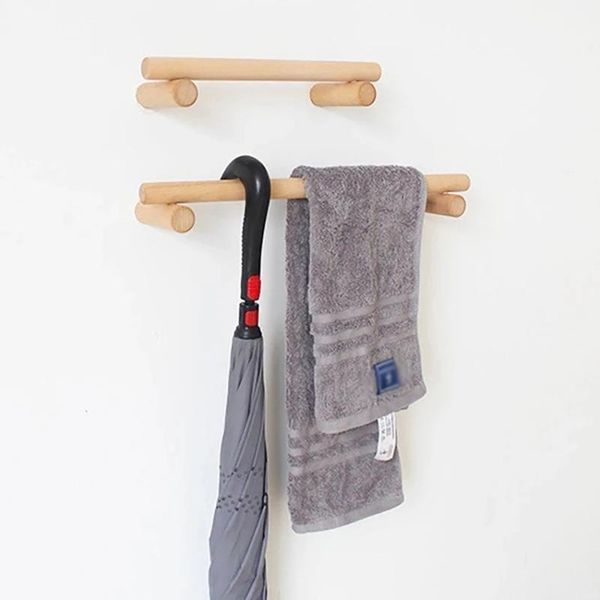 

towel racks japanese style wood single-bar rack bathroom perforation wall-mounted storage kitchen shelf