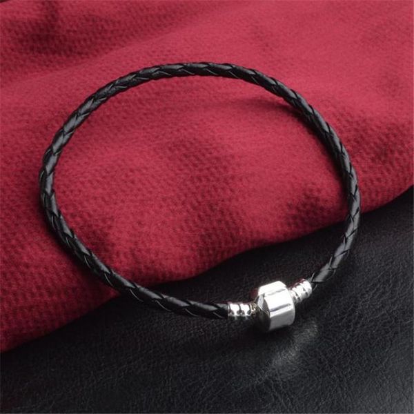 

charm bracelets 925 sterling silver black leather strap bracelet clip fashion men's and women's jewelry wear sale, Golden;silver