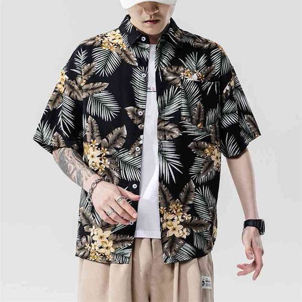 

brand beach summer print flower short sleeves hawaii collar korea style shirt for men's harajuku clothing 210721, White;black