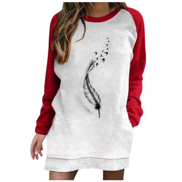 

Women's Hoodies & Sweatshirts Feather Graphics Dresses Patchwork Contrast Color Long Sleeve Loose Printing Pocket Casual Sweatshirt Dress Da, Black