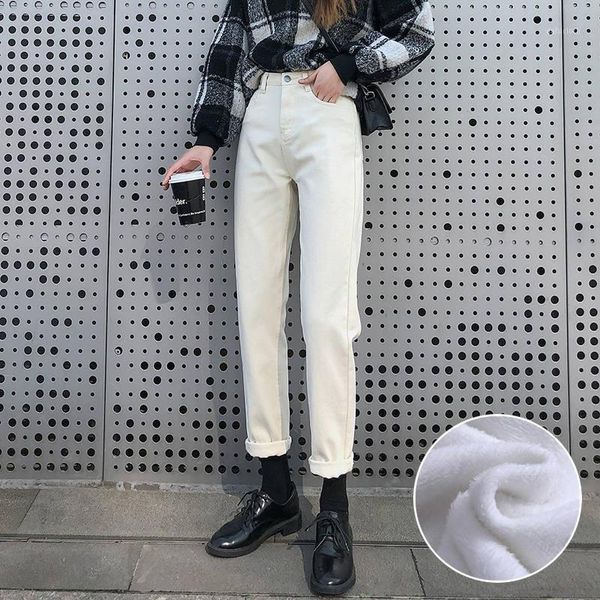 

beige white loose high-waist straight jeans women autumn winter casual plus velvet black femme warm long woman pants c6852 women's, Blue