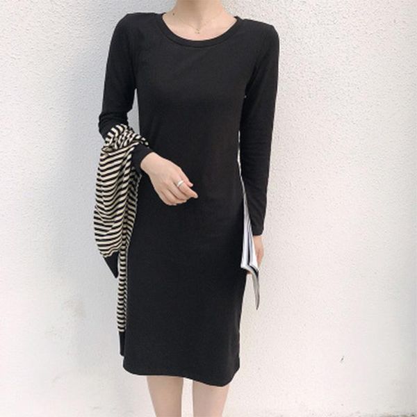 

autumn winter women fashion dress plus size o-neck casual solid elegant straigth long sleeve medium length dresses, Black;gray