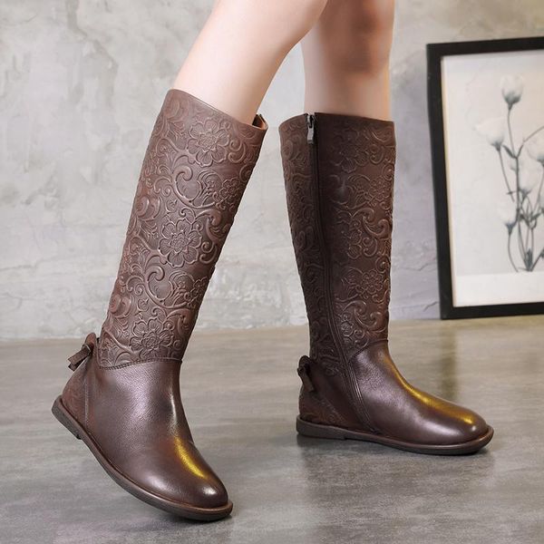 

boots elegant embossed flowers shoes woman latest old-fashioned design high side zipper low heel lady genuine leather, Black