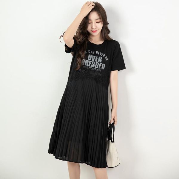 

black maternity chiffon dress short sleeve o-neck letters lace patchwork pleated plus size pregnant women elegant dresses, White