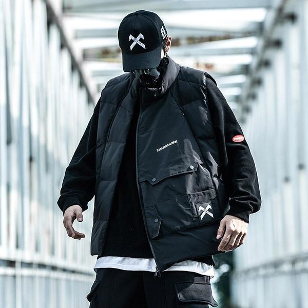 

men's winter down cotton vest outer wear thick trendy tooling jacket functional wind vests, Black;white