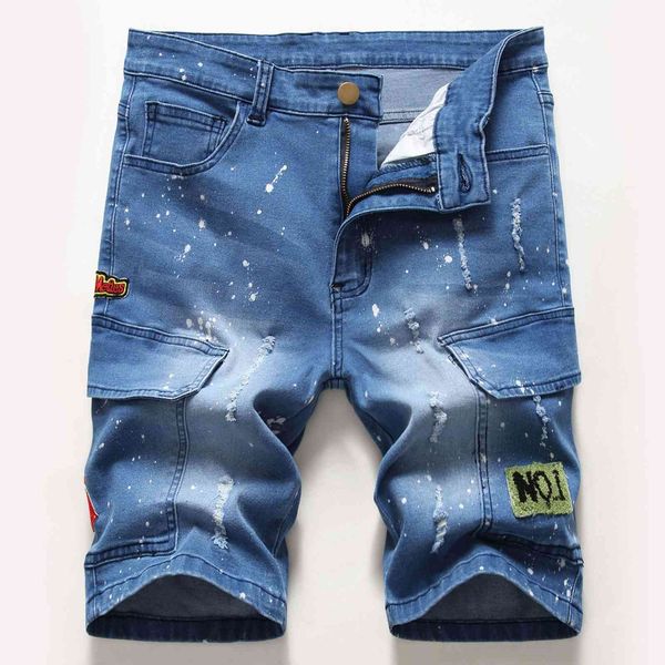 

fashion jeans men's summer perforated multi embroidery shorts schoolbag pants, Blue