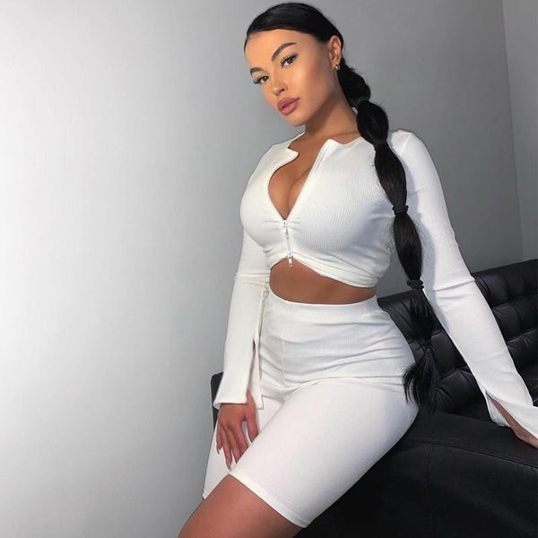 

women's tracksuits 2021 women 2 pieces set fall ol long sleeve open stitch front zipper t-shirt high waist biker shorts streetwear, Gray