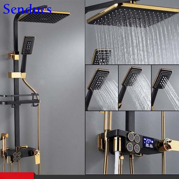 

black gold thermostatic shower set brass bathroom bathtub faucets 38 system luxury digital bath sets