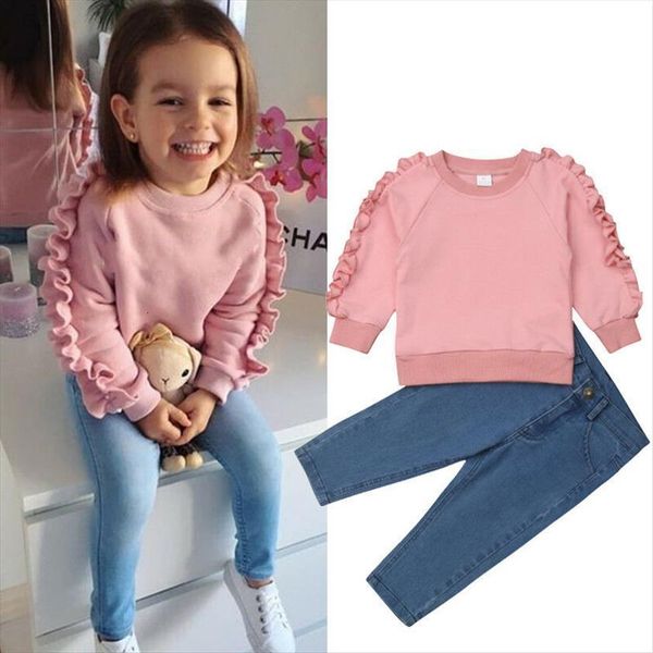 

fashion kids baby girl clothes pink ruffle shirt denim pants autumn winter warm outfit 2pcs set, White