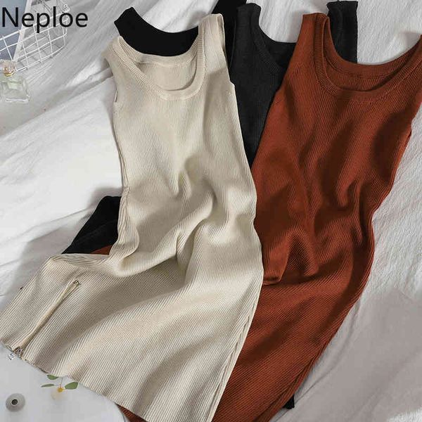 Neploe Bodycon Vestidos para Mulheres Moda Zíperes Split Vestido Verão Coreano Sem Mangas Robe Slim Knit Casual Vetidos Vetidos Mujer 210422