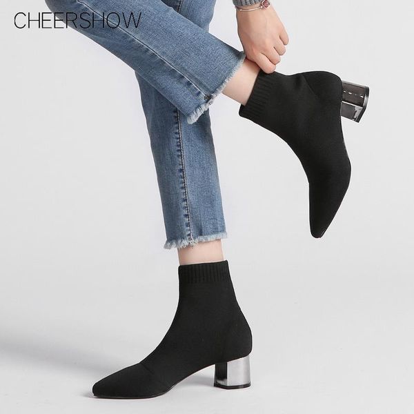 

boots socks woman coarse with short shoe knitting sharp, Black