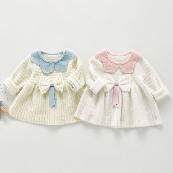 Autunno Inverno Bambini Abiti per ragazze Principessa Ragazza Big Bowknot Colletto foglia di loto Manica lunga 0-3 anni 210429