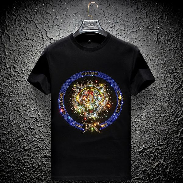 

flash diamond t-shirt mens short-sleeved tiger head mercerized cotton social body shirt handsome plus size men's half-sleeved clothes, White;black