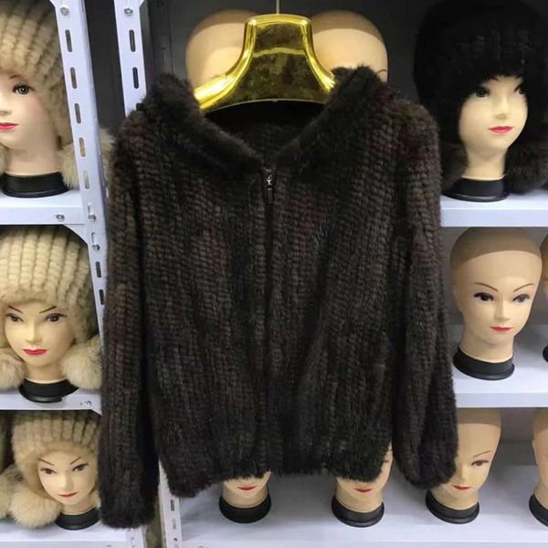 

women's fur & faux natural mink coat long-sleeve fashion all-match knit jacket knitted, Black