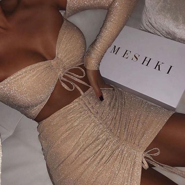

two piece dress 2 sequin set women off shoulder crop + ruched skirt club outfits 2021 spring ladies 7 colors bandage sets, White