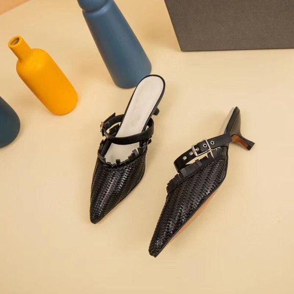 

genuine leather woven women slippers 2021 summer fashion woman shoes pointed toe low heel casual luxury ladies sandals, Black