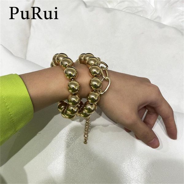 

link, chain punk curb cuban charm bracelets set for women thick gold color round beads bangles fashion jewelry 3pcs, Black