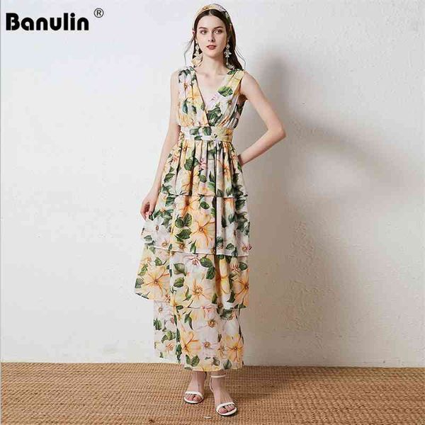 

banulin summer fashion runway v-neck long dress women's sleeveless yellow camellia print cascading ruffle holiday dresses 210603, Black;gray