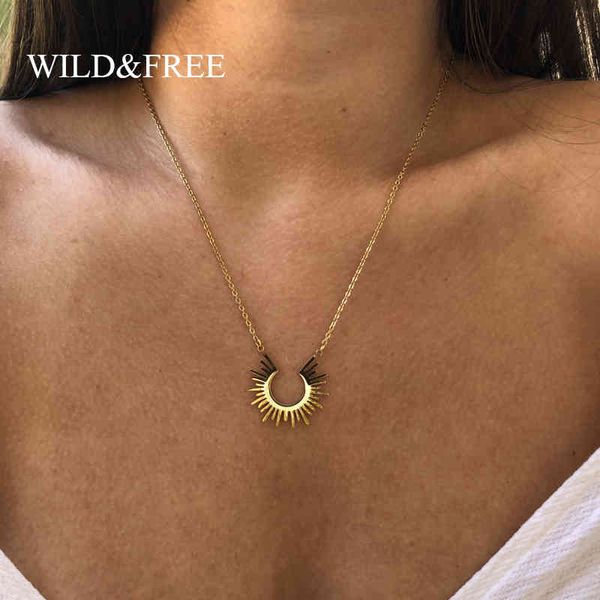 

necklaces pendants wild&stainless steel jewelry geometric pendant necklace for women gold half circle spiked femme colar choker, Silver