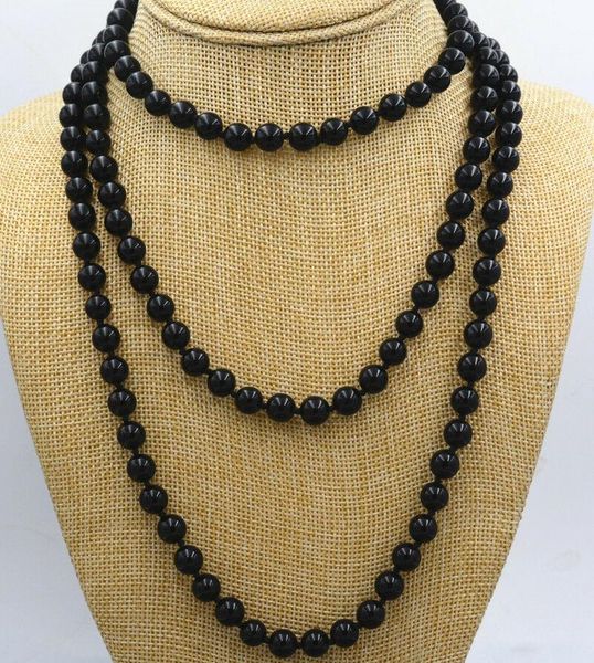 

chains long 50'' natural 8mm black agate onyx round gemstone beads necklace, Silver